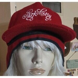 Vintage Park City Utah Red Winter Cap Ear Warmers Hat Ski  USA Made  1984